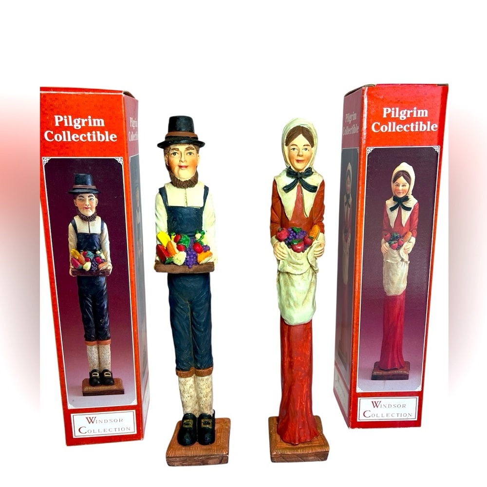 Vintage Thanksgiving Decor Featuring a Set of Pilgrim Figurines Carrying Fruit.